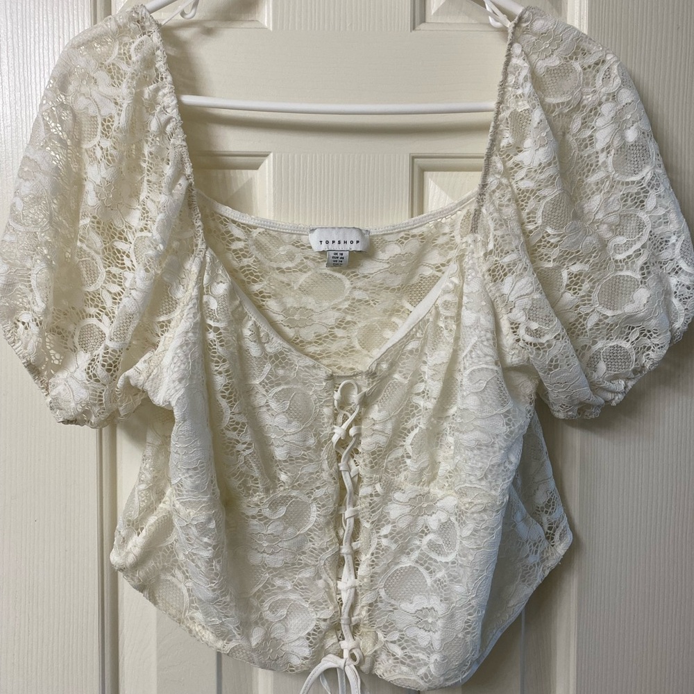 Top Shop Elegant Lace Puff Sleeve Cropped Top Size 14